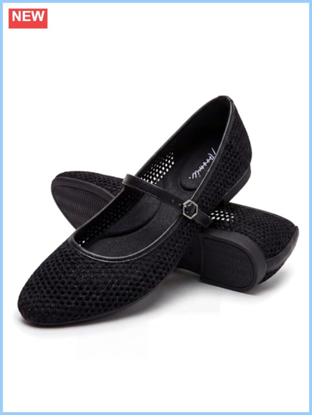 Mary Jane Flats Round Toe Ballet Flats Hexagonal Buckle Strap Knit Upper